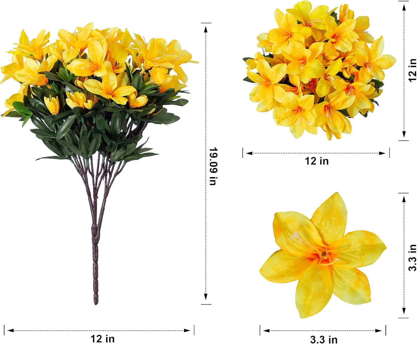 Artificial Azalea Flowers Fake Plants for Outdoors Spring Summer Decoration, 3 Bundles UV Resistant Faux Silk Outside Flowers Look Real for Outdoor Planter Front Door Patio Garden, Yellow