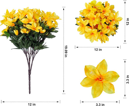 Artificial Azalea Flowers Fake Plants for Outdoors Spring Summer Decoration, 3 Bundles UV Resistant Faux Silk Outside Flowers Look Real for Outdoor Planter Front Door Patio Garden, Yellow