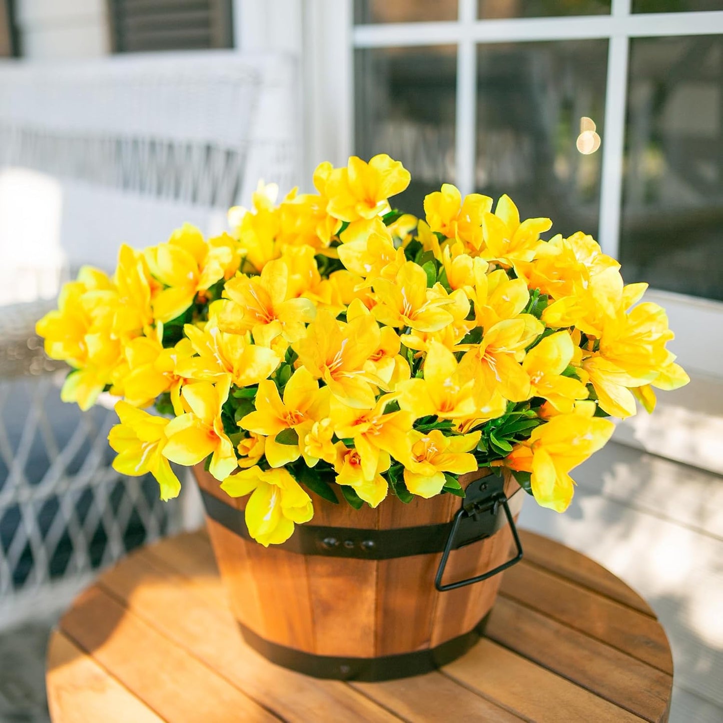 Artificial Azalea Flowers Fake Plants for Outdoors Spring Summer Decoration, 3 Bundles UV Resistant Faux Silk Outside Flowers Look Real for Outdoor Planter Front Door Patio Garden, Yellow