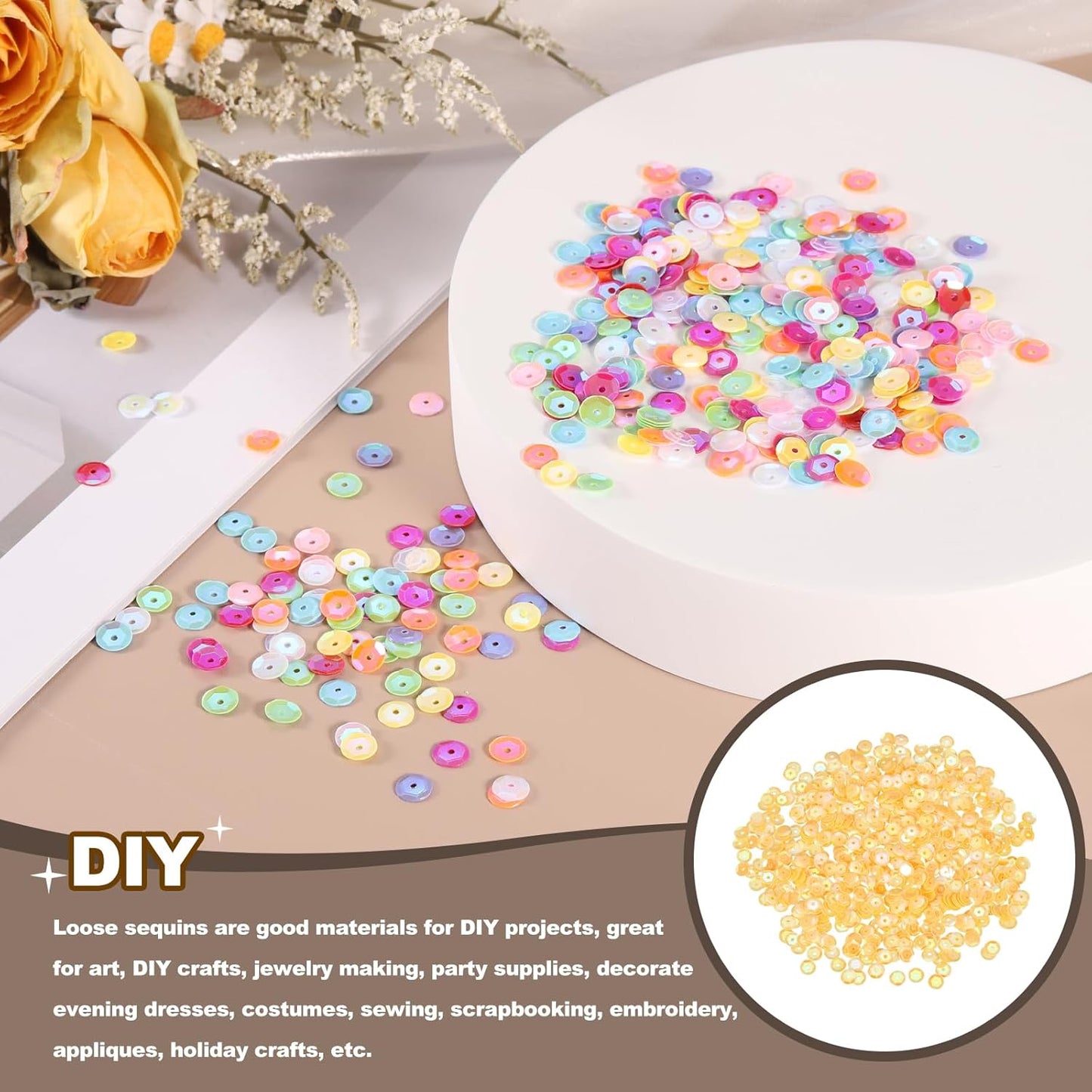 Loose Sequins 4200Pcs 6mm Silver Backed Cup Embroidery Sequins for Jewelry Making Crafts Sewing, AB Yellow