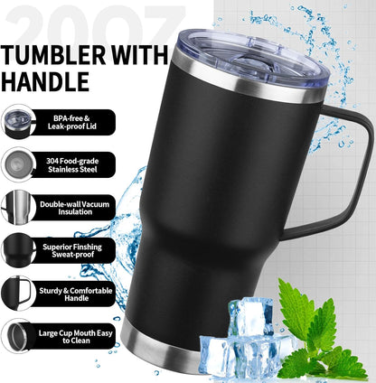 20oz Insulated Tumbler with Handle Stainless Steel Travel Coffee Mug with Lid and Straw Double Wall Vacuum Leak-proof Reusable Thermal Water Cup for Hot and Cold Drinks (Yellow,1 Pack)