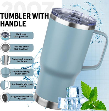 20oz Insulated Tumbler with Handle Stainless Steel Travel Coffee Mug with Lid and Straw Double Wall Vacuum Leak-proof Reusable Thermal Water Cup for Hot and Cold Drinks (Yellow,1 Pack)
