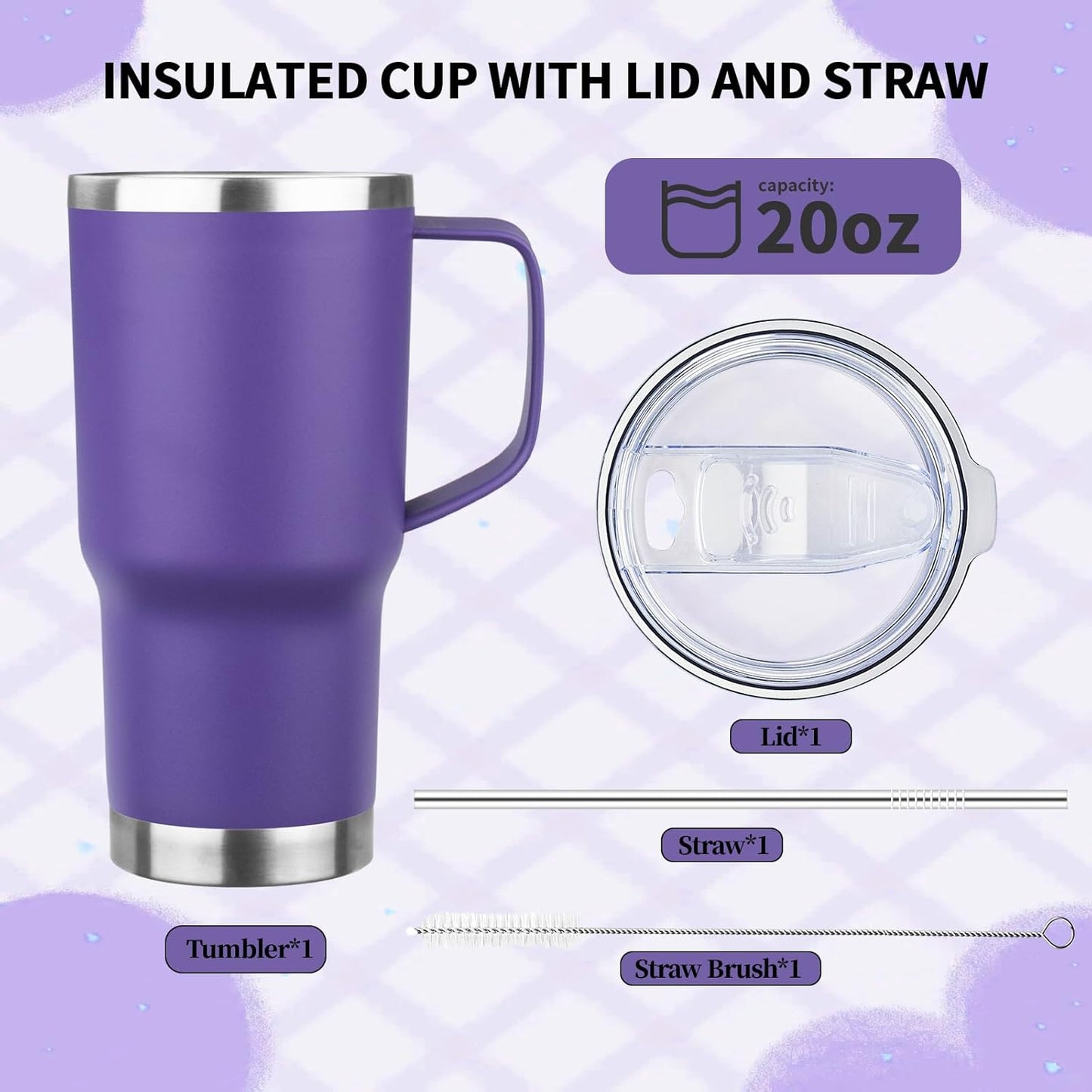 20oz Insulated Tumbler with Handle Stainless Steel Travel Coffee Mug with Lid and Straw Double Wall Vacuum Leak-proof Reusable Thermal Water Cup for Hot and Cold Drinks (Yellow,1 Pack)