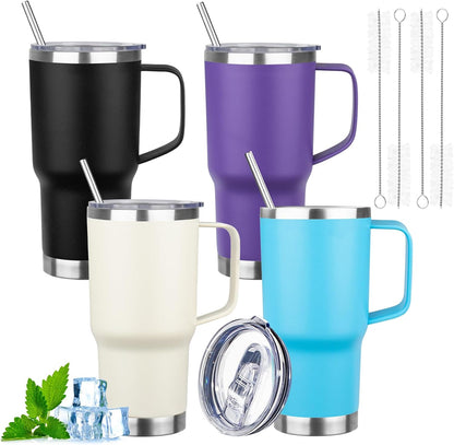 20oz Insulated Tumbler with Handle Stainless Steel Travel Coffee Mug with Lid and Straw Double Wall Vacuum Leak-proof Reusable Thermal Water Cup for Hot and Cold Drinks (Yellow,1 Pack)