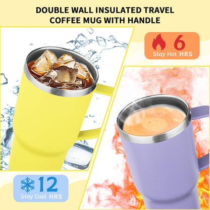20oz Insulated Tumbler with Handle Stainless Steel Travel Coffee Mug with Lid and Straw Double Wall Vacuum Leak-proof Reusable Thermal Water Cup for Hot and Cold Drinks (Yellow,1 Pack)