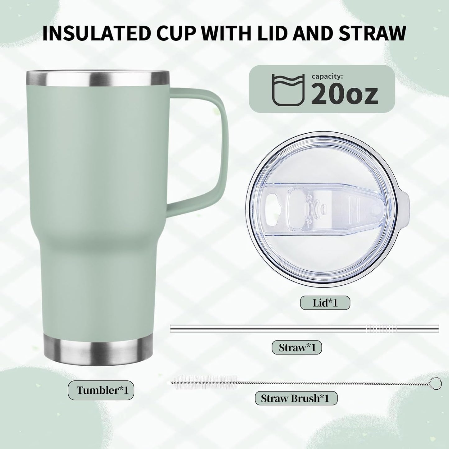 20oz Insulated Tumbler with Handle Stainless Steel Travel Coffee Mug with Lid and Straw Double Wall Vacuum Leak-proof Reusable Thermal Water Cup for Hot and Cold Drinks (Yellow,1 Pack)