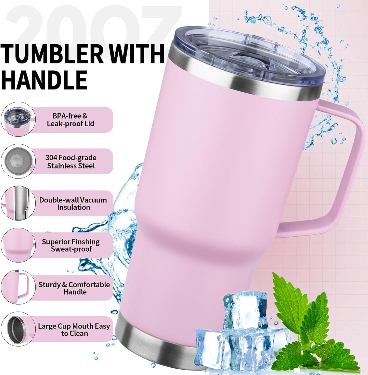 20oz Insulated Tumbler with Handle Stainless Steel Travel Coffee Mug with Lid and Straw Double Wall Vacuum Leak-proof Reusable Thermal Water Cup for Hot and Cold Drinks (Yellow,1 Pack)