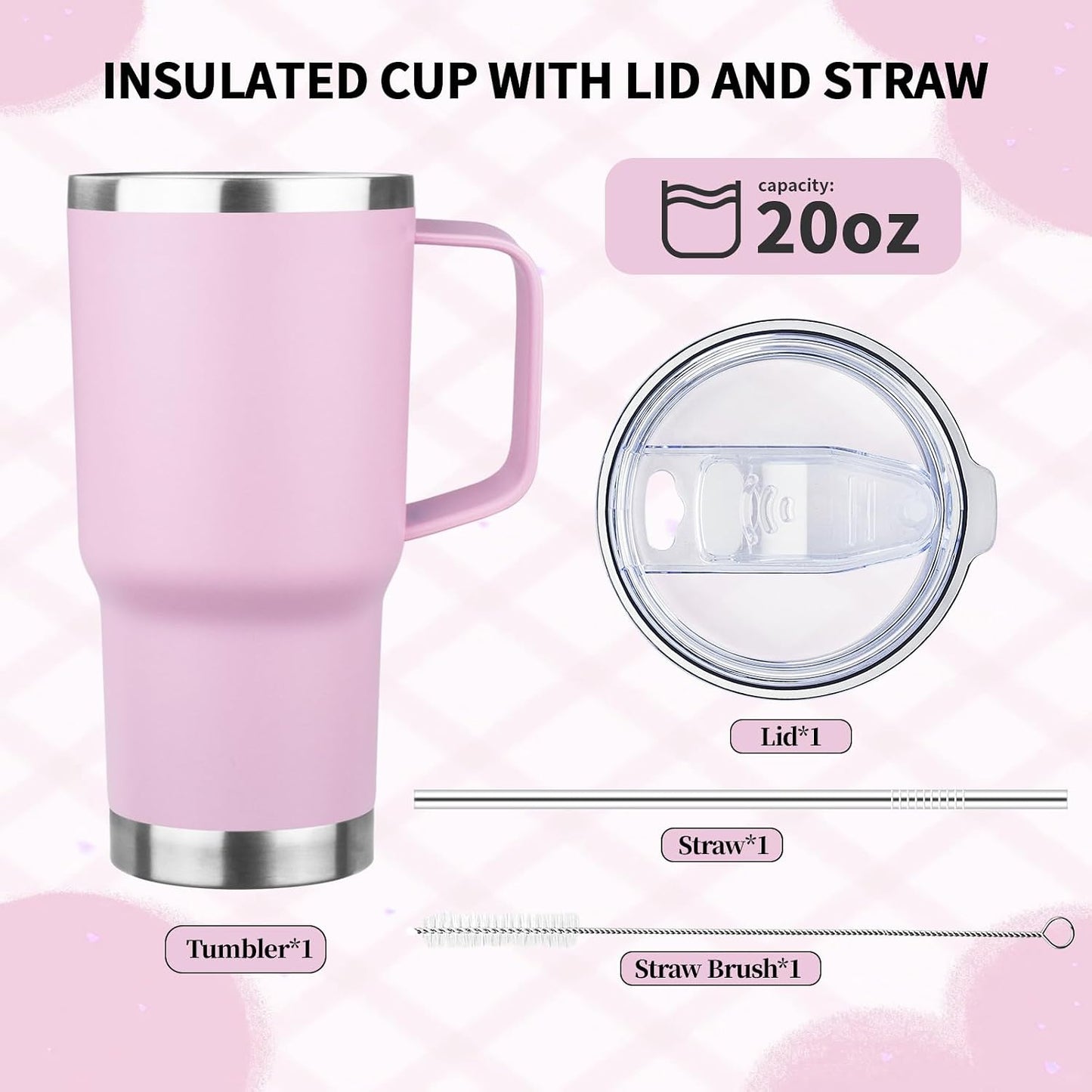 20oz Insulated Tumbler with Handle Stainless Steel Travel Coffee Mug with Lid and Straw Double Wall Vacuum Leak-proof Reusable Thermal Water Cup for Hot and Cold Drinks (Yellow,1 Pack)