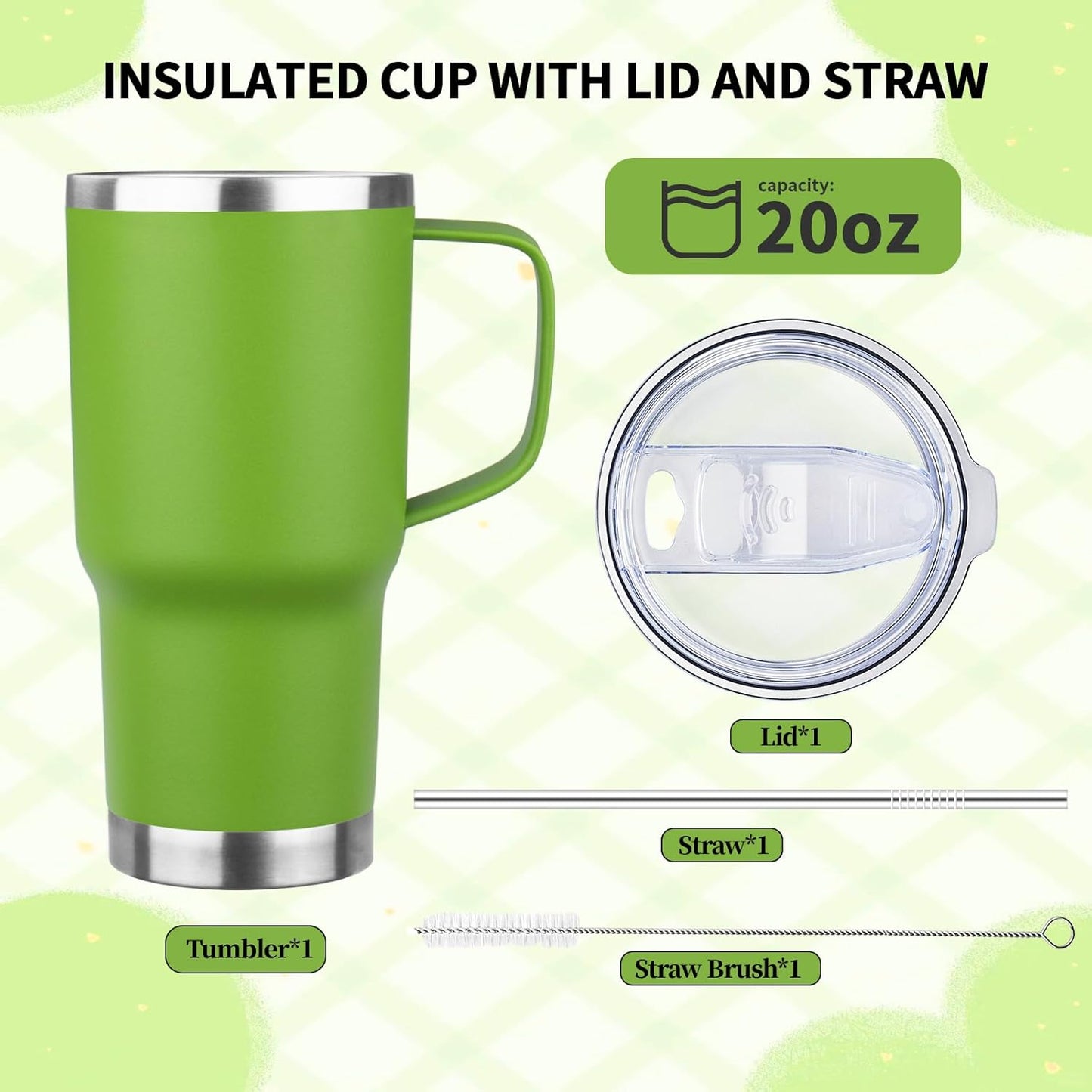 20oz Insulated Tumbler with Handle Stainless Steel Travel Coffee Mug with Lid and Straw Double Wall Vacuum Leak-proof Reusable Thermal Water Cup for Hot and Cold Drinks (Yellow,1 Pack)