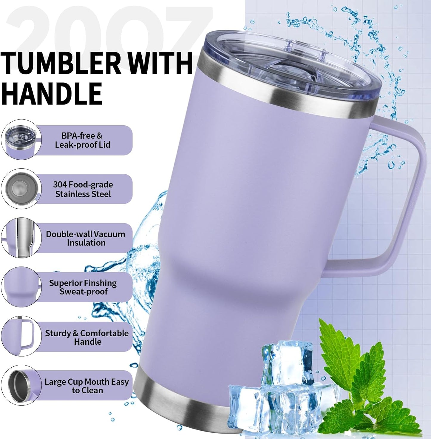 20oz Insulated Tumbler with Handle Stainless Steel Travel Coffee Mug with Lid and Straw Double Wall Vacuum Leak-proof Reusable Thermal Water Cup for Hot and Cold Drinks (Yellow,1 Pack)
