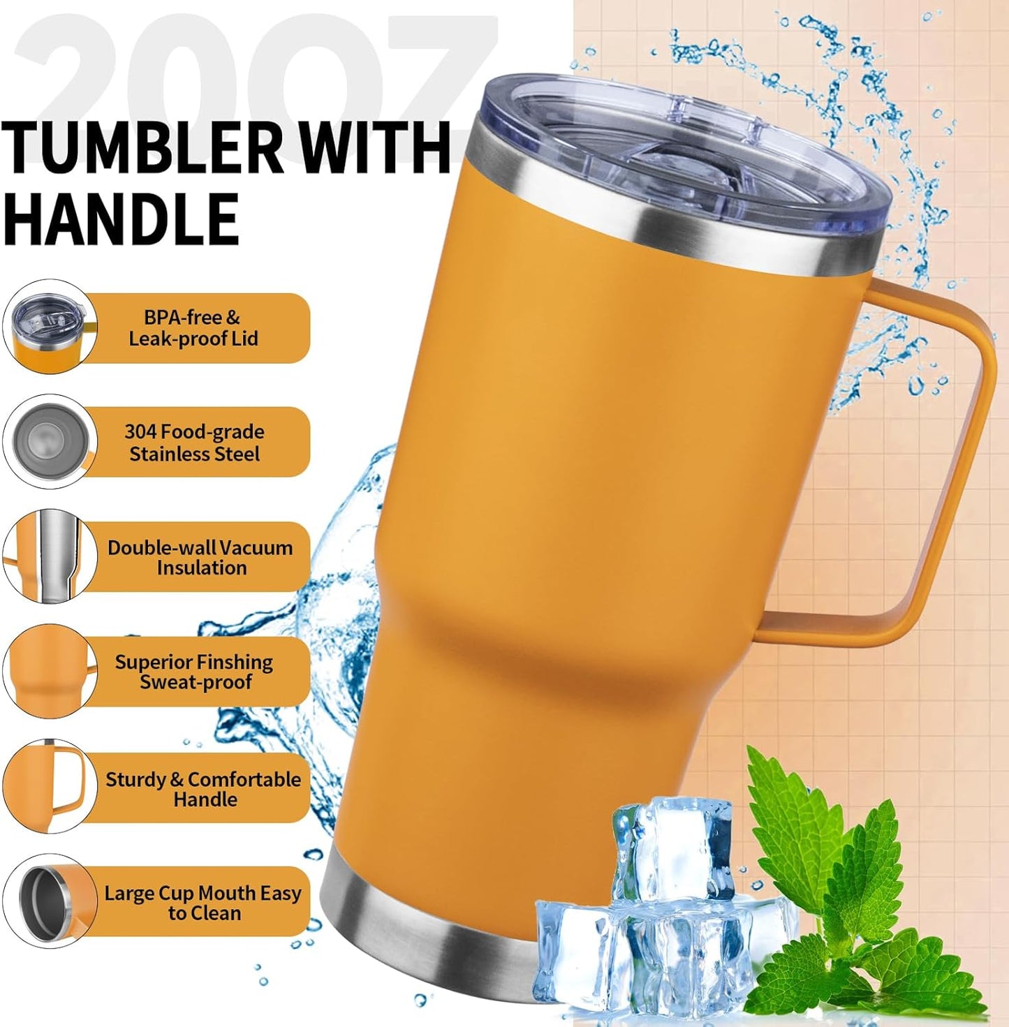 20oz Insulated Tumbler with Handle Stainless Steel Travel Coffee Mug with Lid and Straw Double Wall Vacuum Leak-proof Reusable Thermal Water Cup for Hot and Cold Drinks (Yellow,1 Pack)