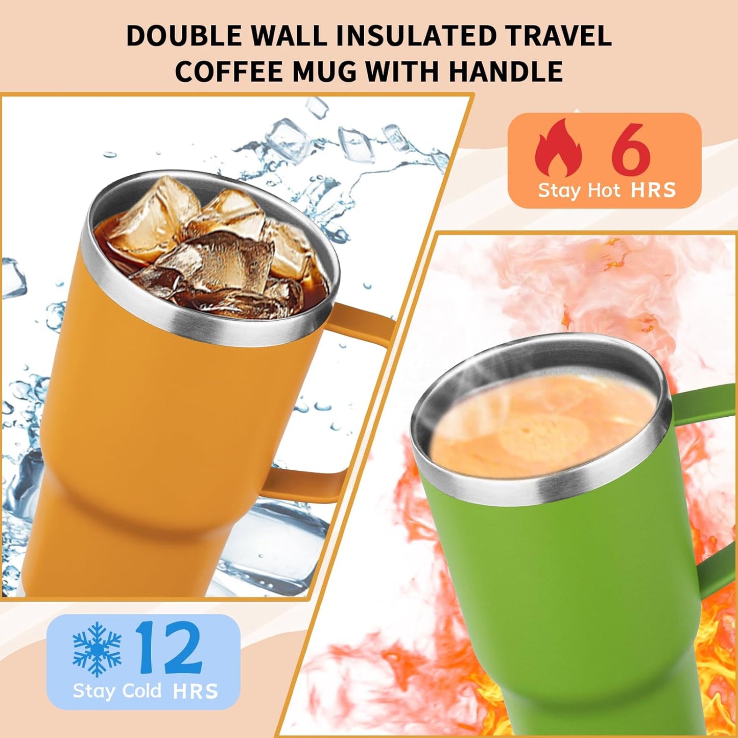 20oz Insulated Tumbler with Handle Stainless Steel Travel Coffee Mug with Lid and Straw Double Wall Vacuum Leak-proof Reusable Thermal Water Cup for Hot and Cold Drinks (Yellow,1 Pack)