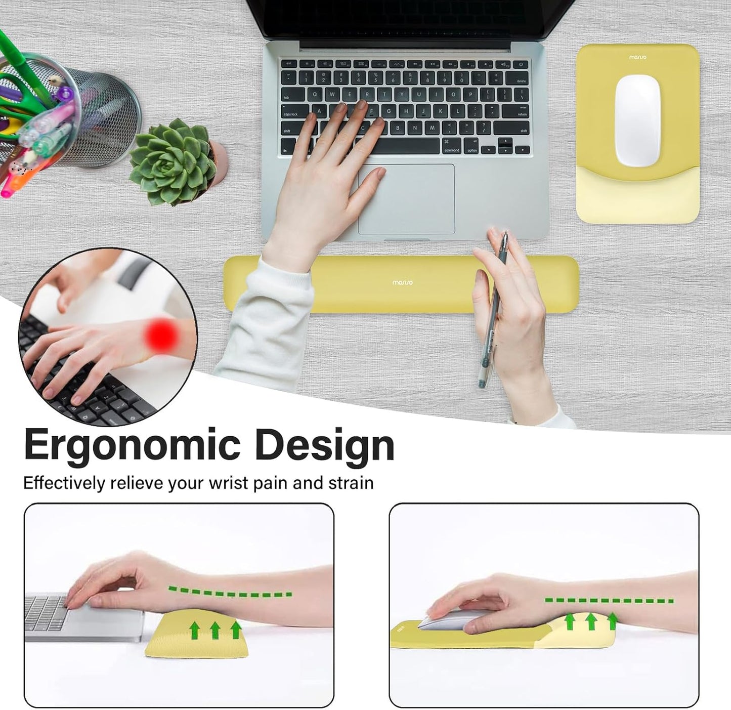 Wrist Rest Support for Mouse Pad&Keyboard Set, Rectangular Ergonomic Mousepad Non-Slip Base Home/Office Pain Relief&Easy Typing Pad with Neoprene Cloth&Raised Silicone Lining, Yellow