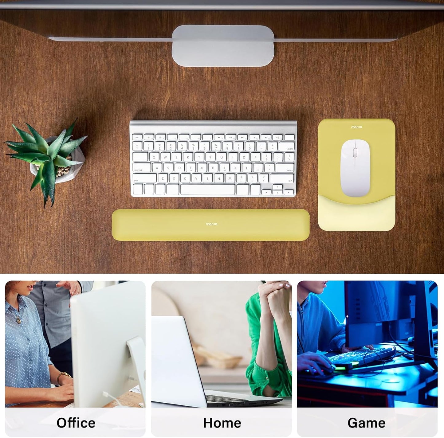 Wrist Rest Support for Mouse Pad&Keyboard Set, Rectangular Ergonomic Mousepad Non-Slip Base Home/Office Pain Relief&Easy Typing Pad with Neoprene Cloth&Raised Silicone Lining, Yellow