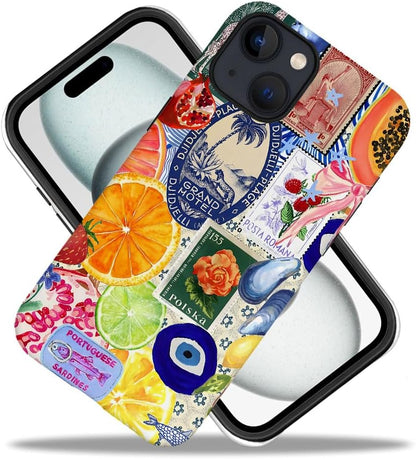Case Compatible with iPhone 14 Plus,Fall Prevention Hybrid 2-Layer Hard Shell Cases for Girls Boys,Bow European Summer Lemon Collage