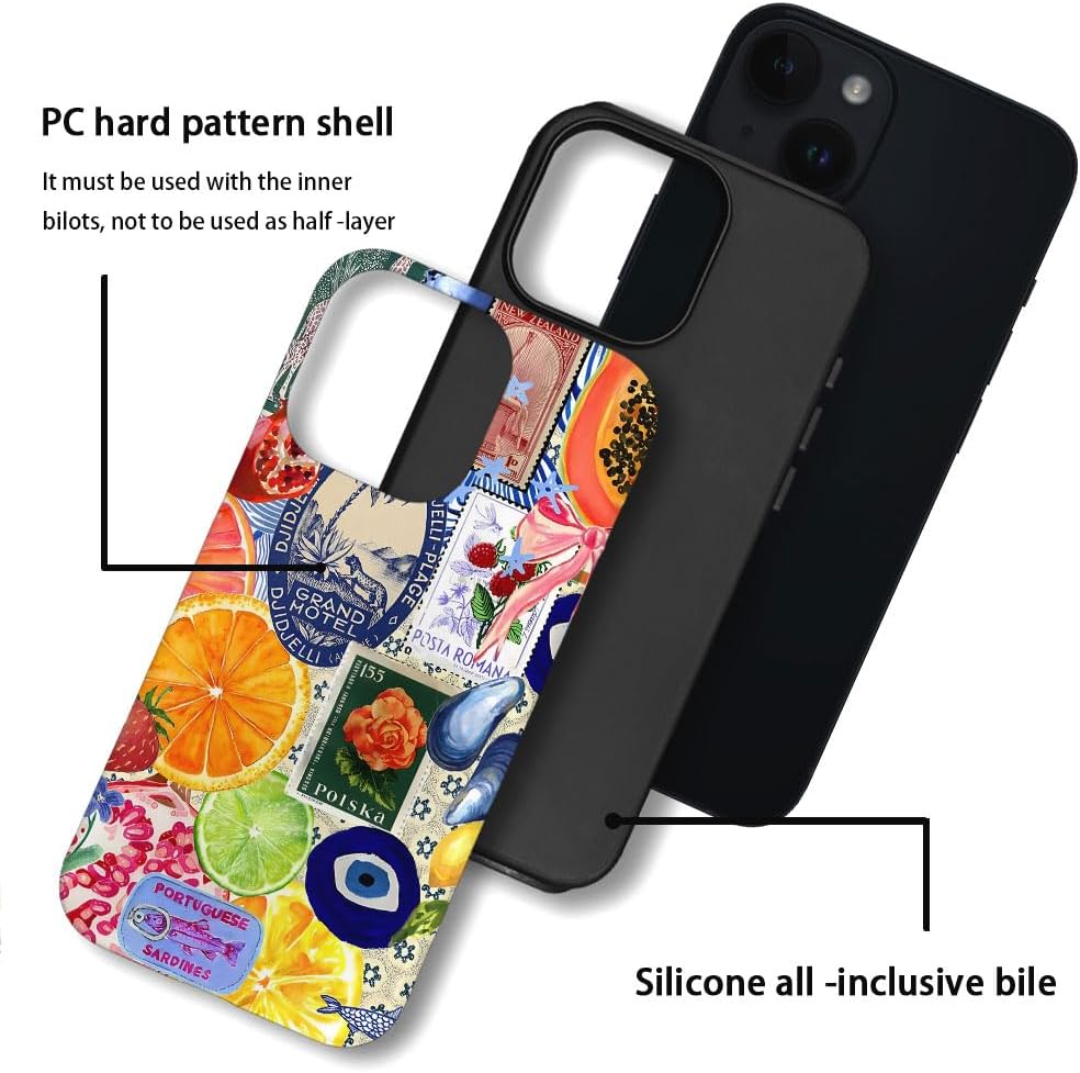 Case Compatible with iPhone 14 Plus,Fall Prevention Hybrid 2-Layer Hard Shell Cases for Girls Boys,Bow European Summer Lemon Collage