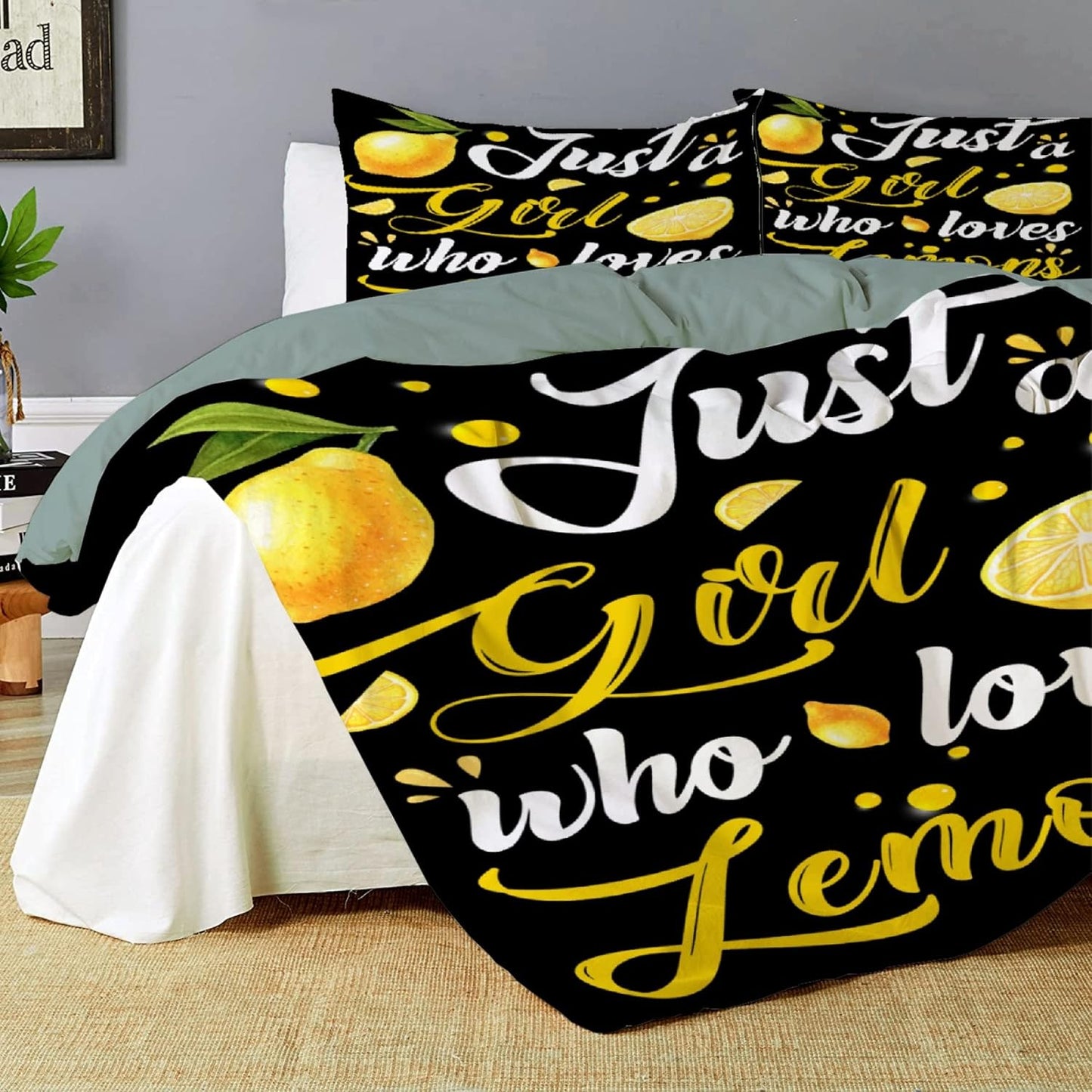 Just A Girl Who Loves Lemons Bedding Comforter Cover Set with Corner Ties Zipper Closure Set with Pillowcases King 104 X 90 in