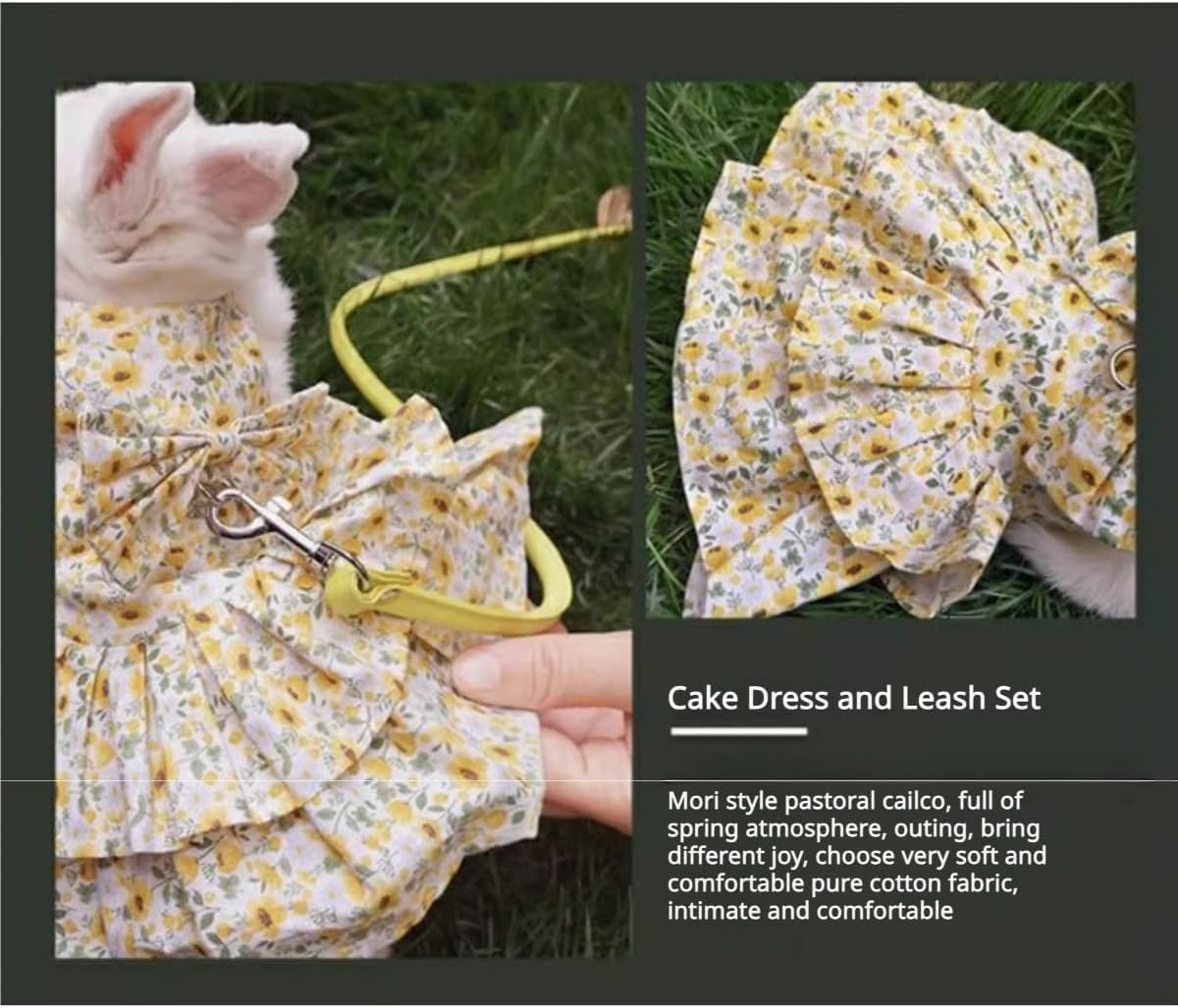 Rabbit Leash and Harness Set Adjustable Bunny Rabbit Dress Rabbits Clothes Outfit for Small Pet Ferret Guinea Pig Kitten Puppy (Yellow,L)