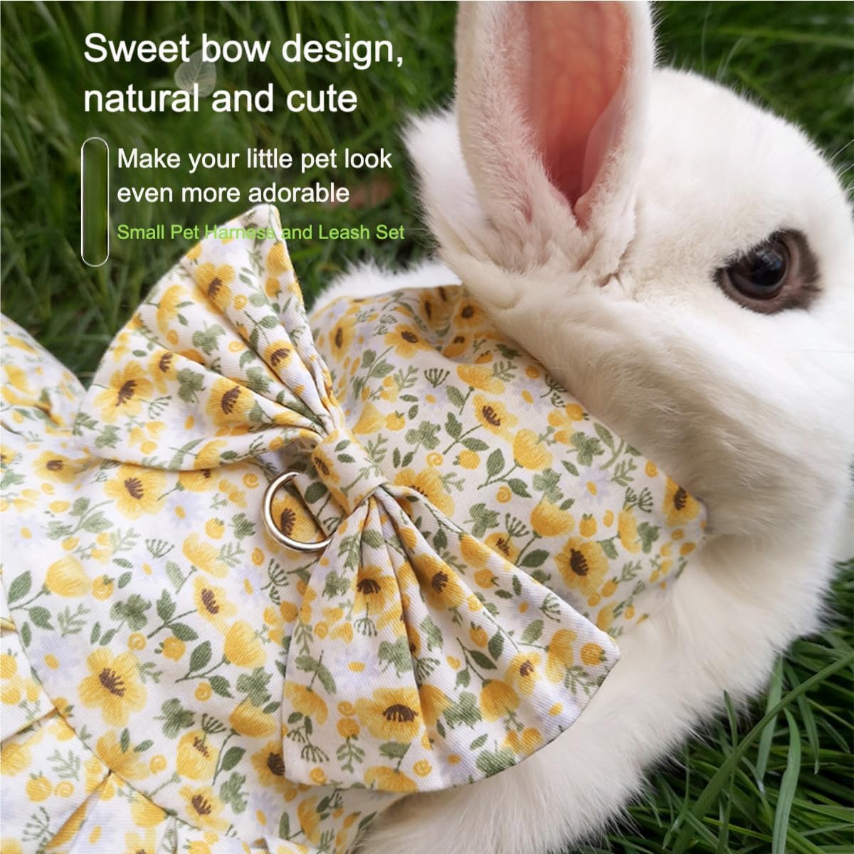 Rabbit Leash and Harness Set Adjustable Bunny Rabbit Dress Rabbits Clothes Outfit for Small Pet Ferret Guinea Pig Kitten Puppy (Yellow,L)