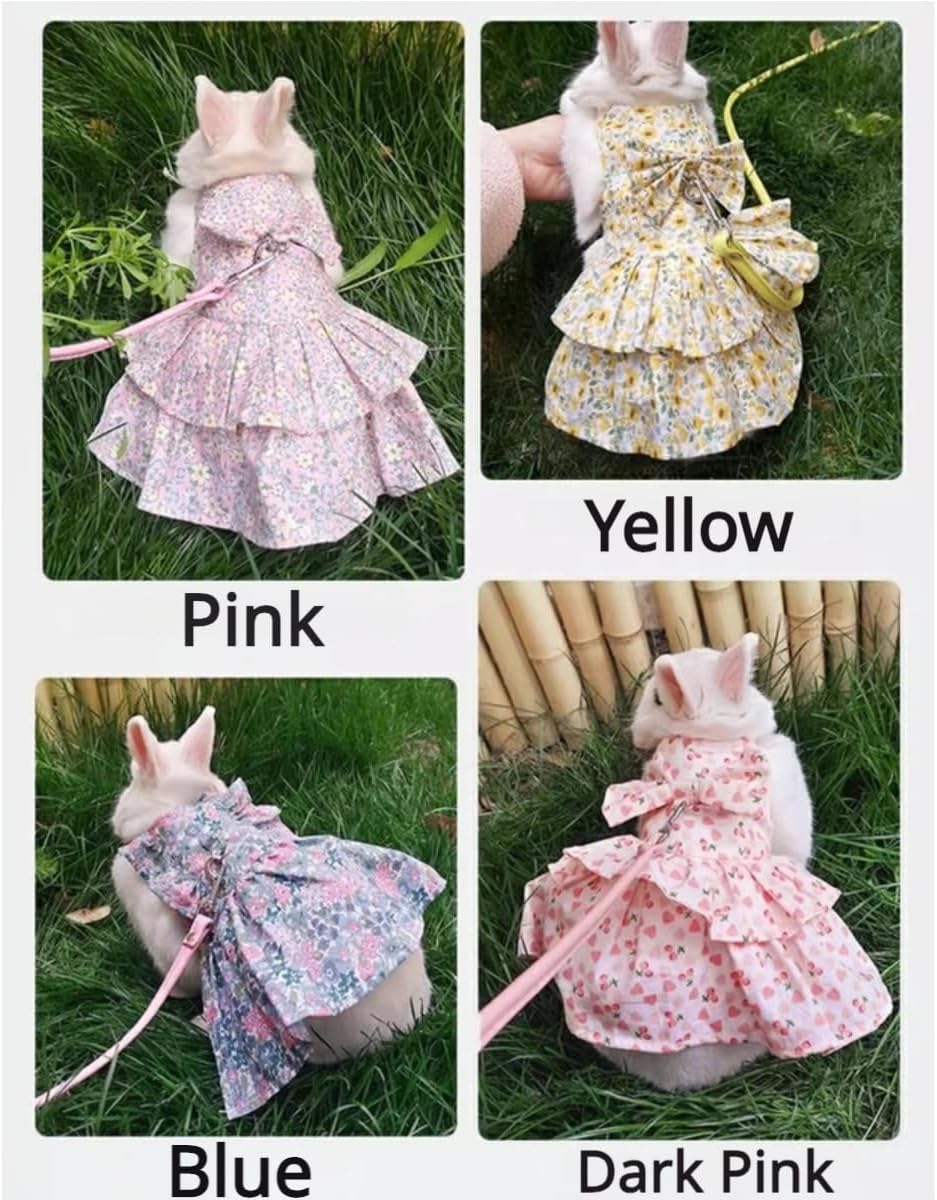 Rabbit Leash and Harness Set Adjustable Bunny Rabbit Dress Rabbits Clothes Outfit for Small Pet Ferret Guinea Pig Kitten Puppy (Yellow,L)