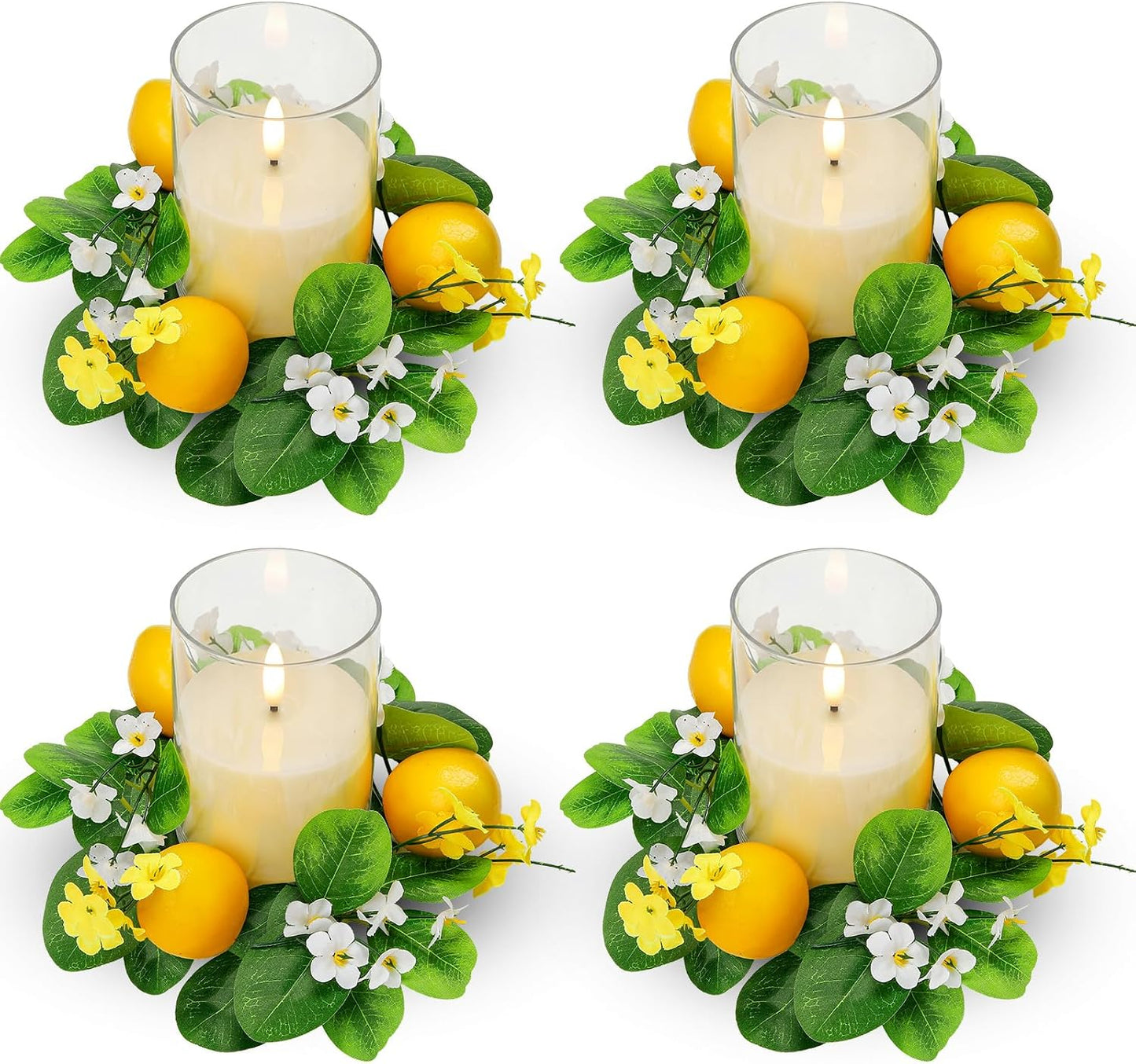 4 Pcs Artificial Lemon Candle Rings Wreaths Decorative Greenery Candle Holder with Yellow Lemons and White Flowers with LED Flameless Candles for Farmhouse Summer Wedding Home Table Centerpiece