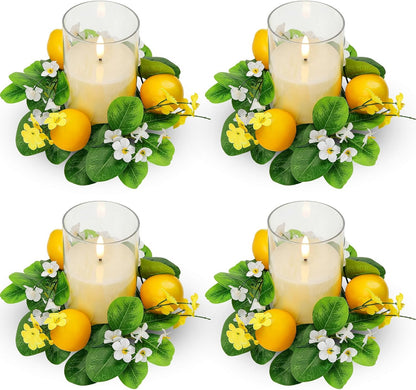 4 Pcs Artificial Lemon Candle Rings Wreaths Decorative Greenery Candle Holder with Yellow Lemons and White Flowers with LED Flameless Candles for Farmhouse Summer Wedding Home Table Centerpiece