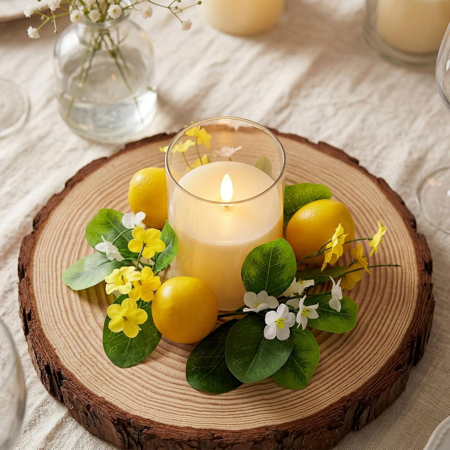 4 Pcs Artificial Lemon Candle Rings Wreaths Decorative Greenery Candle Holder with Yellow Lemons and White Flowers with LED Flameless Candles for Farmhouse Summer Wedding Home Table Centerpiece