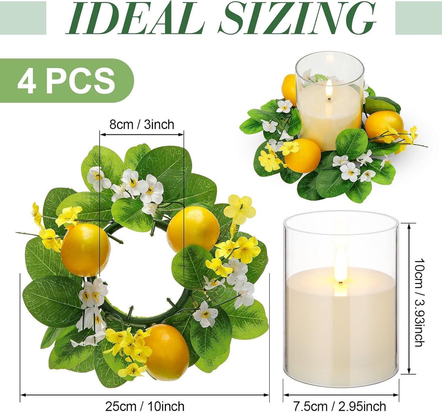 4 Pcs Artificial Lemon Candle Rings Wreaths Decorative Greenery Candle Holder with Yellow Lemons and White Flowers with LED Flameless Candles for Farmhouse Summer Wedding Home Table Centerpiece