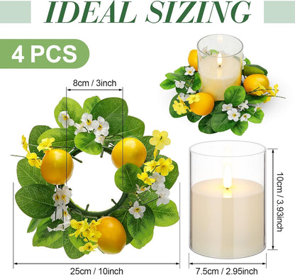 4 Pcs Artificial Lemon Candle Rings Wreaths Decorative Greenery Candle Holder with Yellow Lemons and White Flowers with LED Flameless Candles for Farmhouse Summer Wedding Home Table Centerpiece