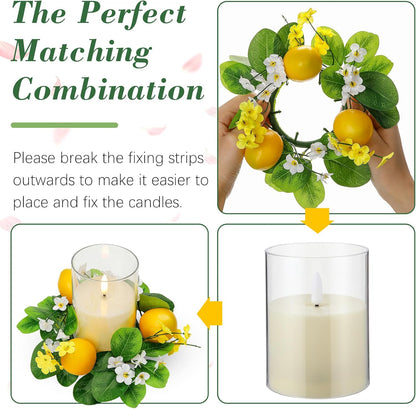 4 Pcs Artificial Lemon Candle Rings Wreaths Decorative Greenery Candle Holder with Yellow Lemons and White Flowers with LED Flameless Candles for Farmhouse Summer Wedding Home Table Centerpiece