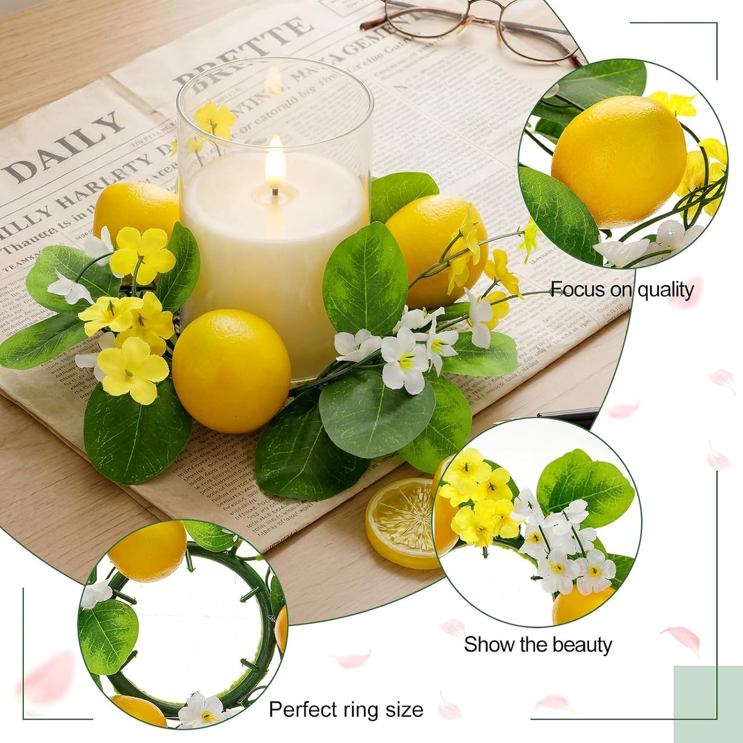 4 Pcs Artificial Lemon Candle Rings Wreaths Decorative Greenery Candle Holder with Yellow Lemons and White Flowers with LED Flameless Candles for Farmhouse Summer Wedding Home Table Centerpiece