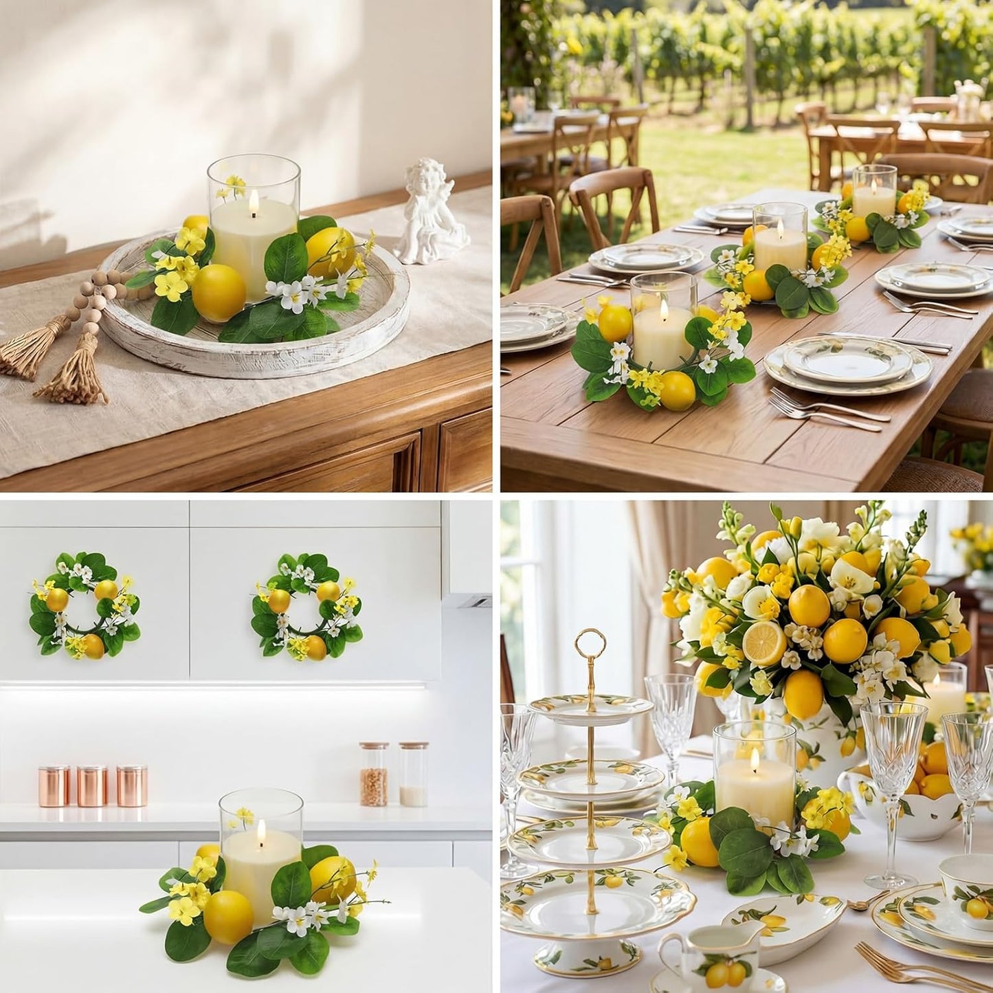 4 Pcs Artificial Lemon Candle Rings Wreaths Decorative Greenery Candle Holder with Yellow Lemons and White Flowers with LED Flameless Candles for Farmhouse Summer Wedding Home Table Centerpiece