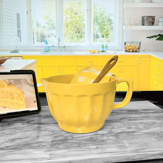 UP 4.3 Quart Latte Style Melamine Batter Bowl with Pour Spout and Handle, Professional Mixing Bowl with Non-Slip Base, Ideal for Pancake and Cake Batter, 11.5 x 8.75 Inch, Yellow