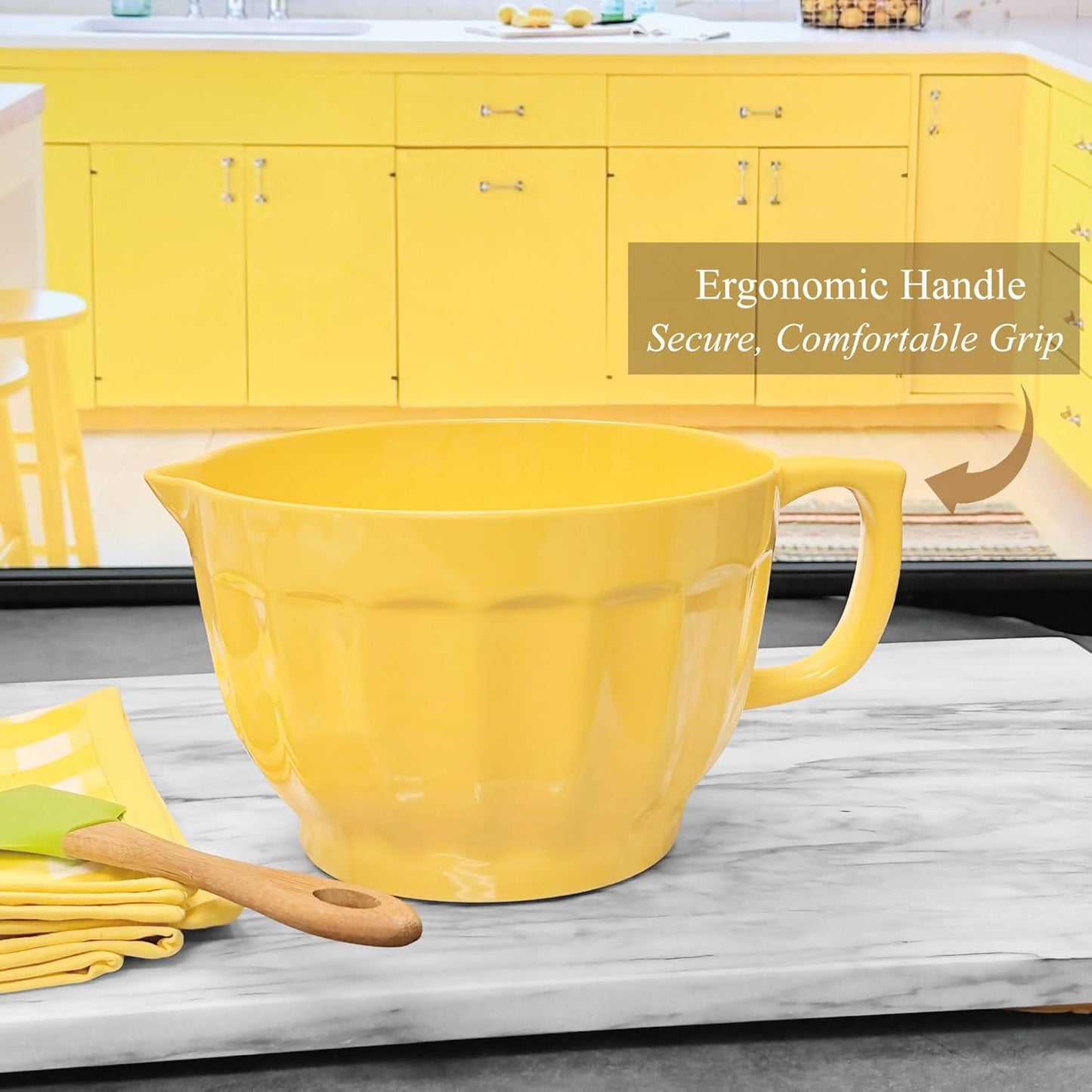 UP 4.3 Quart Latte Style Melamine Batter Bowl with Pour Spout and Handle, Professional Mixing Bowl with Non-Slip Base, Ideal for Pancake and Cake Batter, 11.5 x 8.75 Inch, Yellow