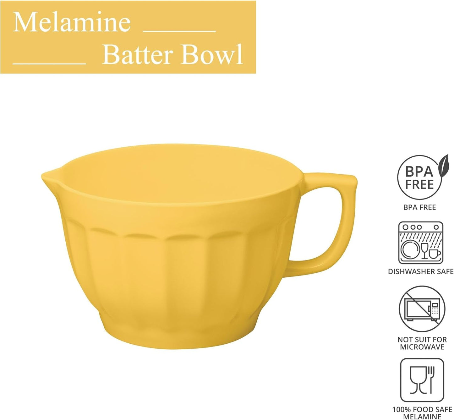 UP 4.3 Quart Latte Style Melamine Batter Bowl with Pour Spout and Handle, Professional Mixing Bowl with Non-Slip Base, Ideal for Pancake and Cake Batter, 11.5 x 8.75 Inch, Yellow