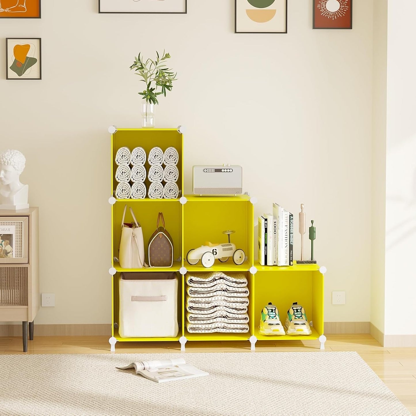 Cube Storage Organizer, 6 Cube Closet Organizers and Storage, DIY Stackable Bookshelf Plastic Clothes Organizer Shelving for Bedroom, Home, Yellow