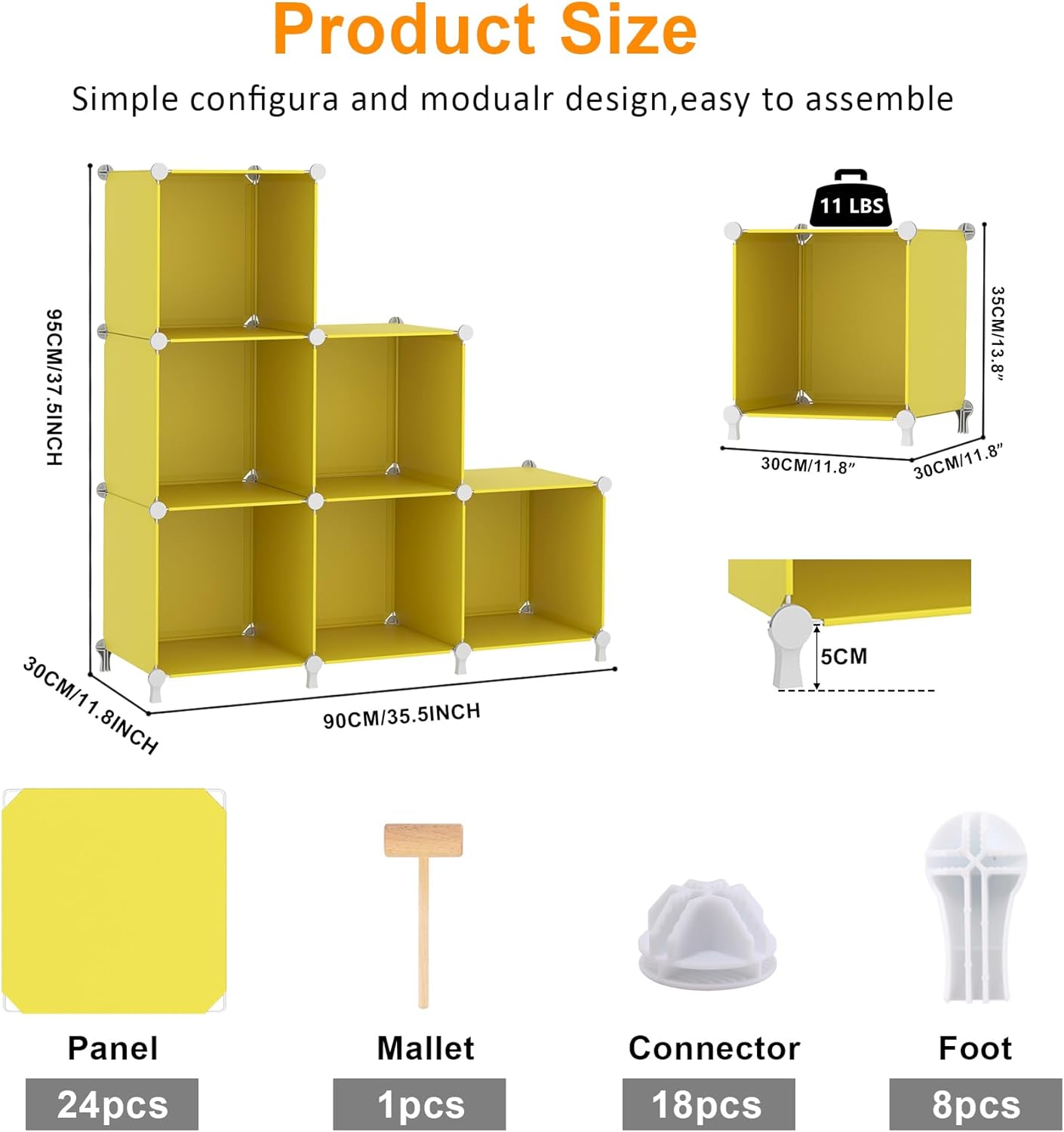 Cube Storage Organizer, 6 Cube Closet Organizers and Storage, DIY Stackable Bookshelf Plastic Clothes Organizer Shelving for Bedroom, Home, Yellow