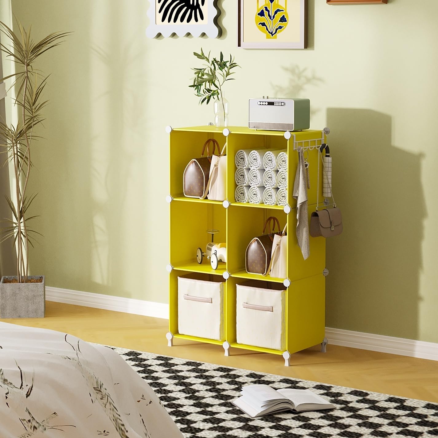 Cube Storage Organizer, 6 Cube Closet Organizers and Storage, DIY Stackable Bookshelf Plastic Clothes Organizer Shelving for Bedroom, Home, Yellow