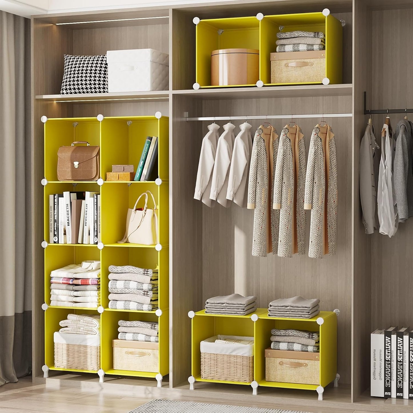 Cube Storage Organizer, 6 Cube Closet Organizers and Storage, DIY Stackable Bookshelf Plastic Clothes Organizer Shelving for Bedroom, Home, Yellow