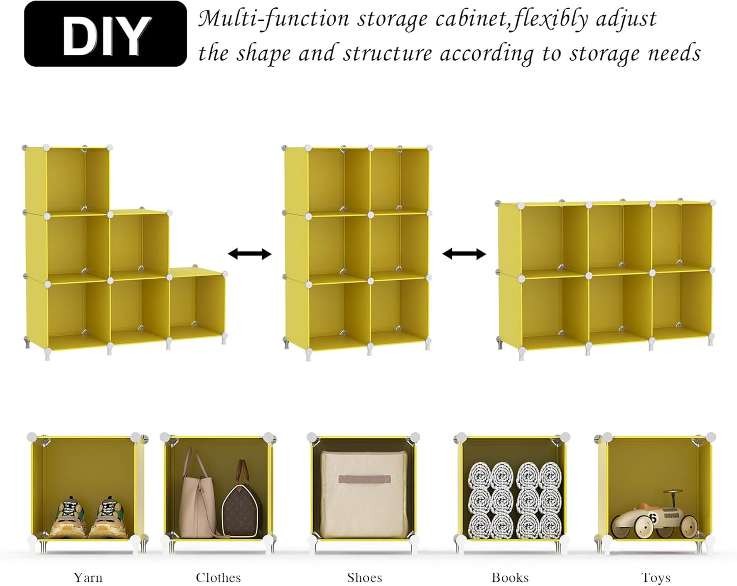 Cube Storage Organizer, 6 Cube Closet Organizers and Storage, DIY Stackable Bookshelf Plastic Clothes Organizer Shelving for Bedroom, Home, Yellow