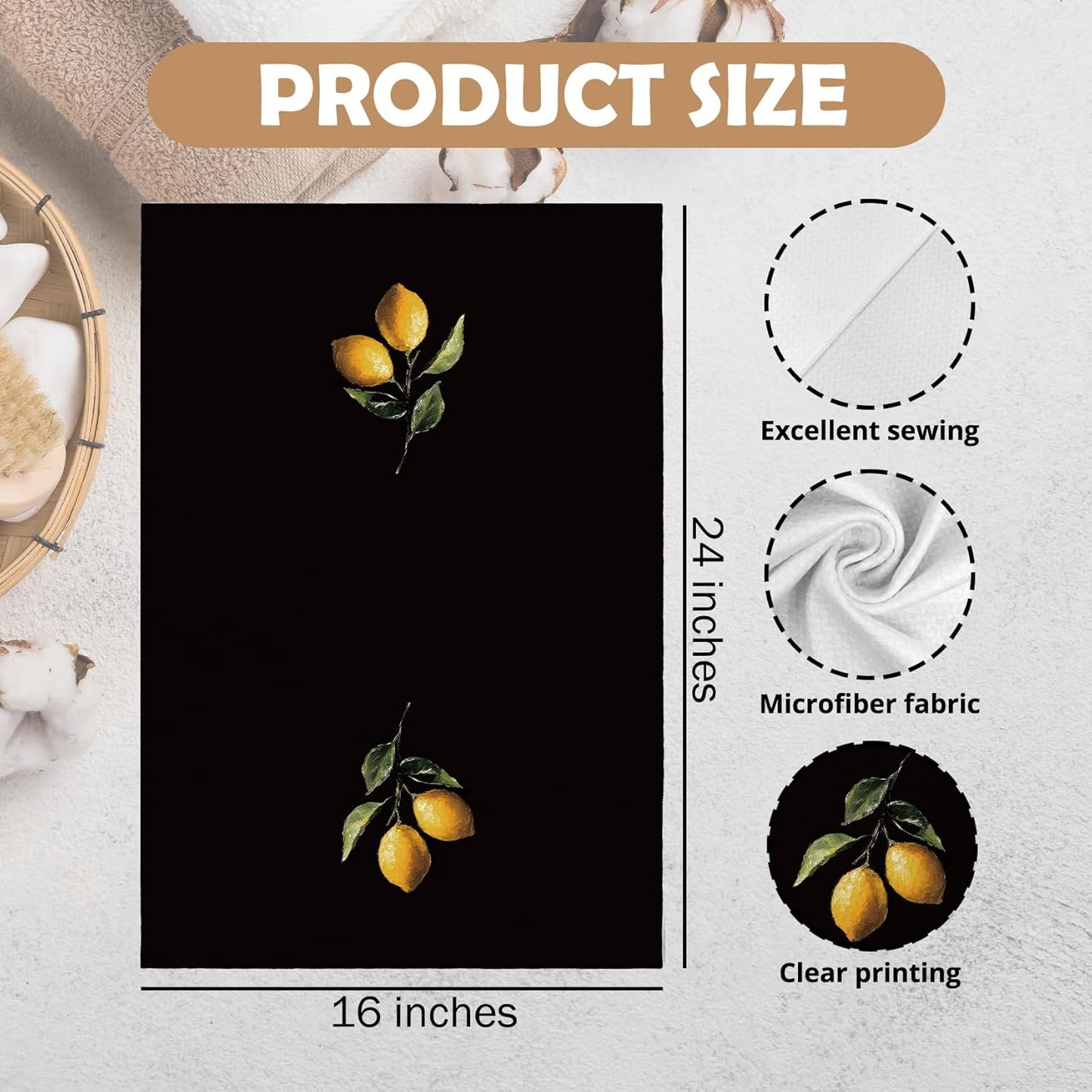 Lemon Kitchen Towels, Lemon Kitchen Decor, Dark Lemons Dish Tea Towels for Kitchen, Lemons Decorative Hand Towel for Farmhouse Bathroom, 16x24 Inch