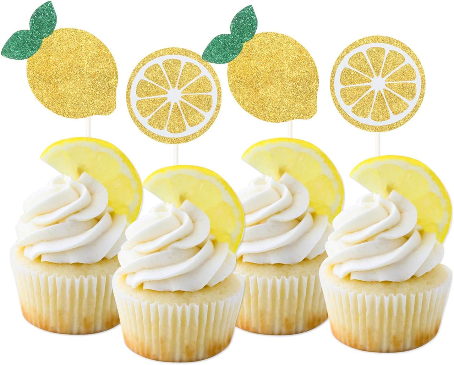 24Pcs Glitter Lemon Cupcake Toppers Fruits Theme Party, Lemonade Party Decor, Summer Cupcake Toppers, Main Squeeze Party Decorations Tutti Frutti Cupcake Topper