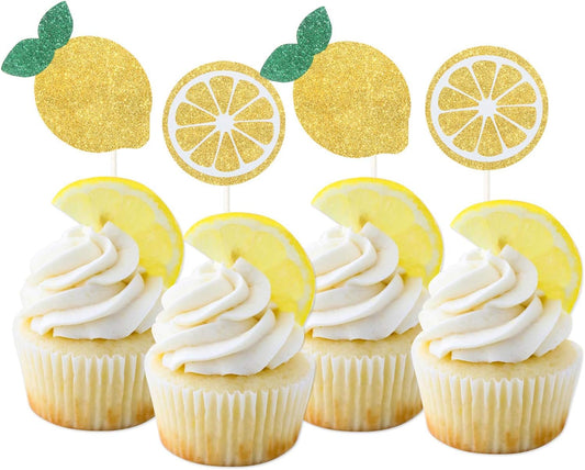 24Pcs Glitter Lemon Cupcake Toppers Fruits Theme Party, Lemonade Party Decor, Summer Cupcake Toppers, Main Squeeze Party Decorations Tutti Frutti Cupcake Topper