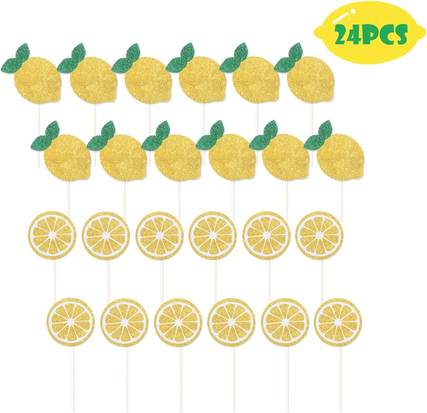 24Pcs Glitter Lemon Cupcake Toppers Fruits Theme Party, Lemonade Party Decor, Summer Cupcake Toppers, Main Squeeze Party Decorations Tutti Frutti Cupcake Topper