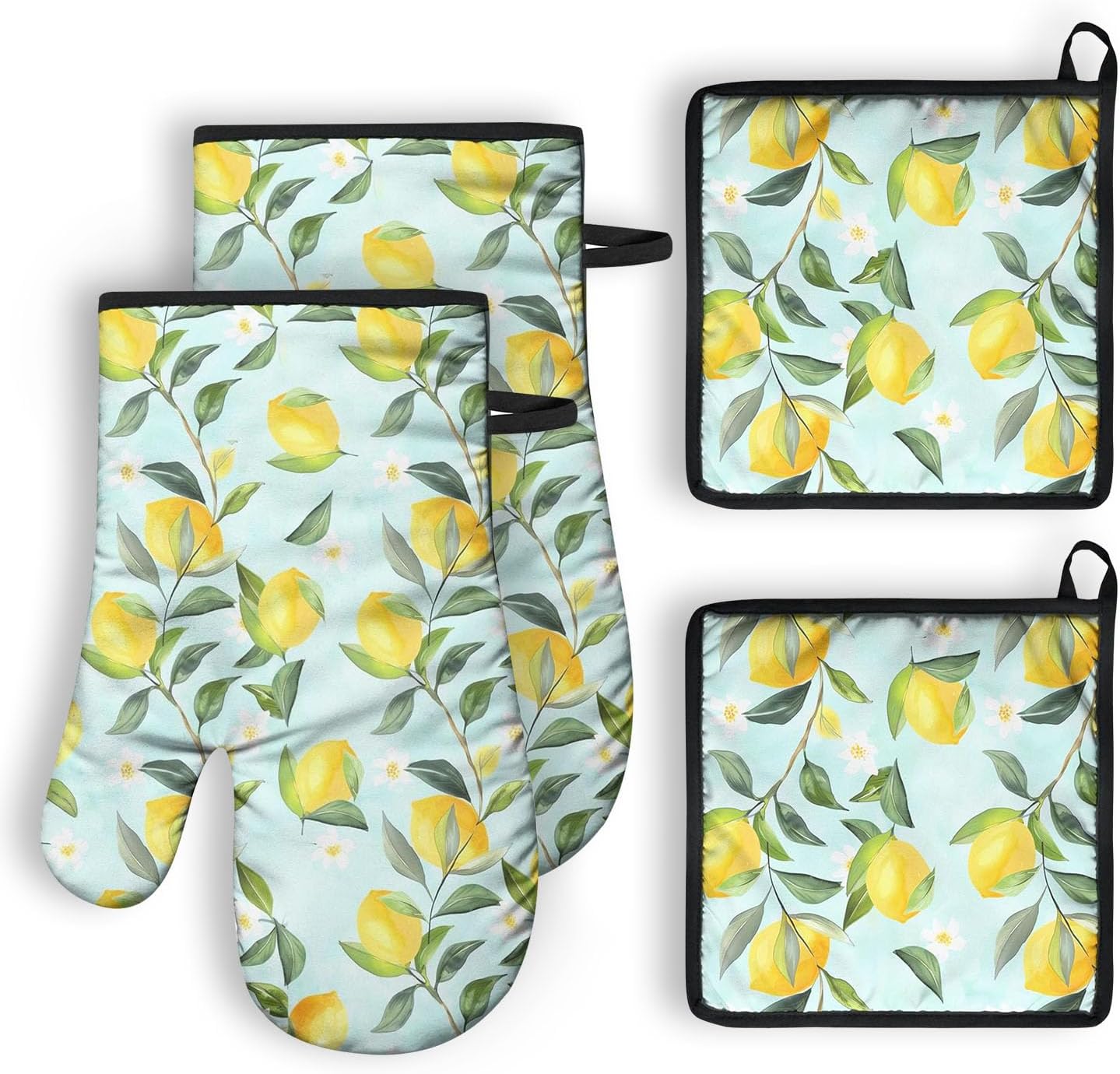 Oven Mitts and Pot Holders Sets of 2 Lemon Heat Resistant Oven Mitts and Hot Pads for Kitchen Soft Cooking Oven Gloves and Grill Baking BBQ Essentials and Accessories
