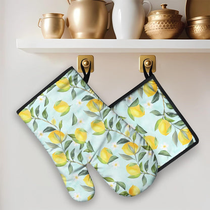 Oven Mitts and Pot Holders Sets of 2 Lemon Heat Resistant Oven Mitts and Hot Pads for Kitchen Soft Cooking Oven Gloves and Grill Baking BBQ Essentials and Accessories