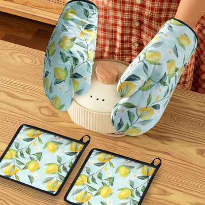 Oven Mitts and Pot Holders Sets of 2 Lemon Heat Resistant Oven Mitts and Hot Pads for Kitchen Soft Cooking Oven Gloves and Grill Baking BBQ Essentials and Accessories