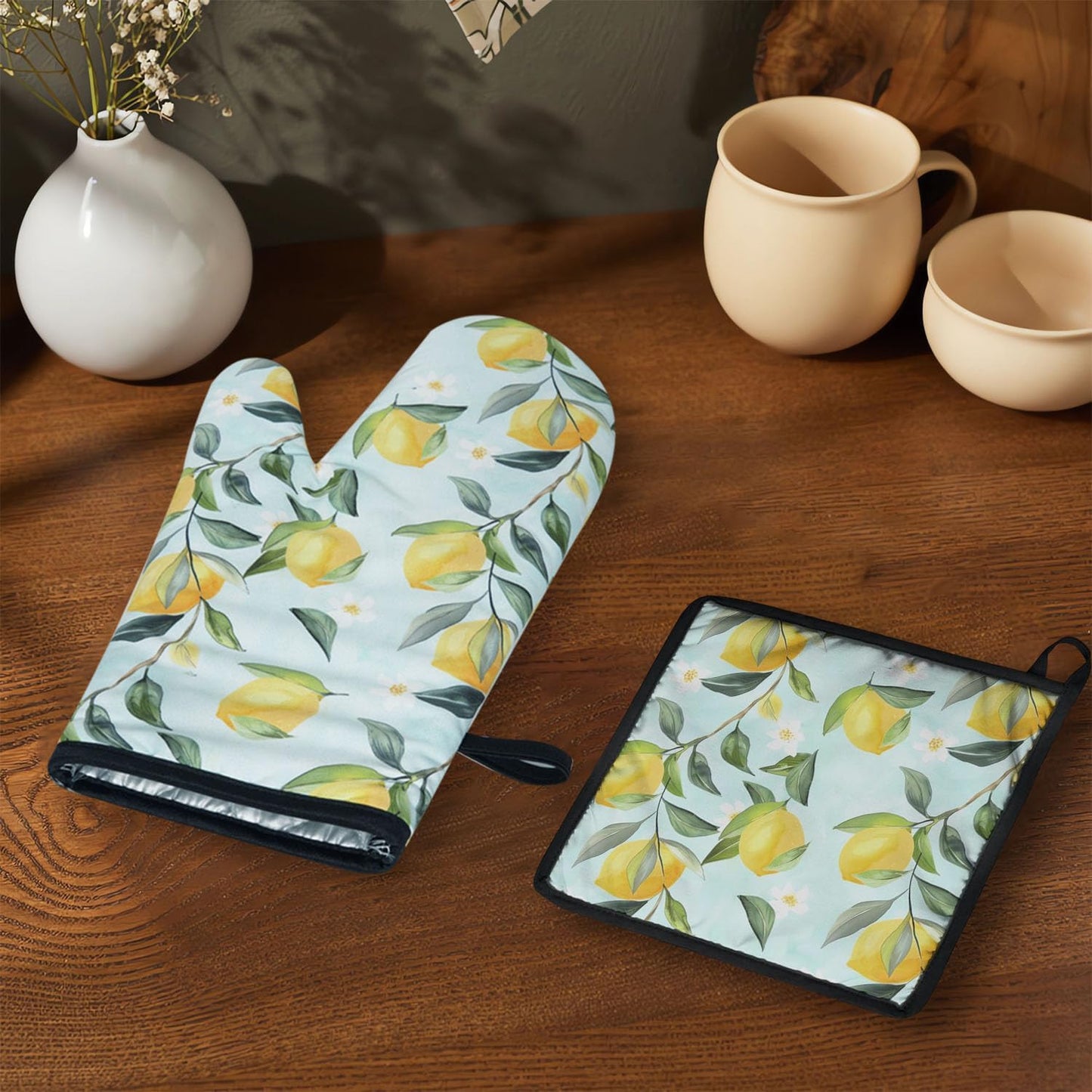 Oven Mitts and Pot Holders Sets of 2 Lemon Heat Resistant Oven Mitts and Hot Pads for Kitchen Soft Cooking Oven Gloves and Grill Baking BBQ Essentials and Accessories