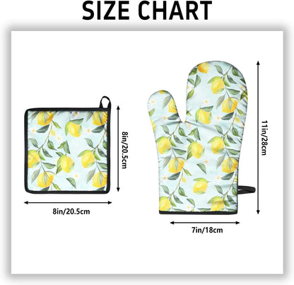 Oven Mitts and Pot Holders Sets of 2 Lemon Heat Resistant Oven Mitts and Hot Pads for Kitchen Soft Cooking Oven Gloves and Grill Baking BBQ Essentials and Accessories