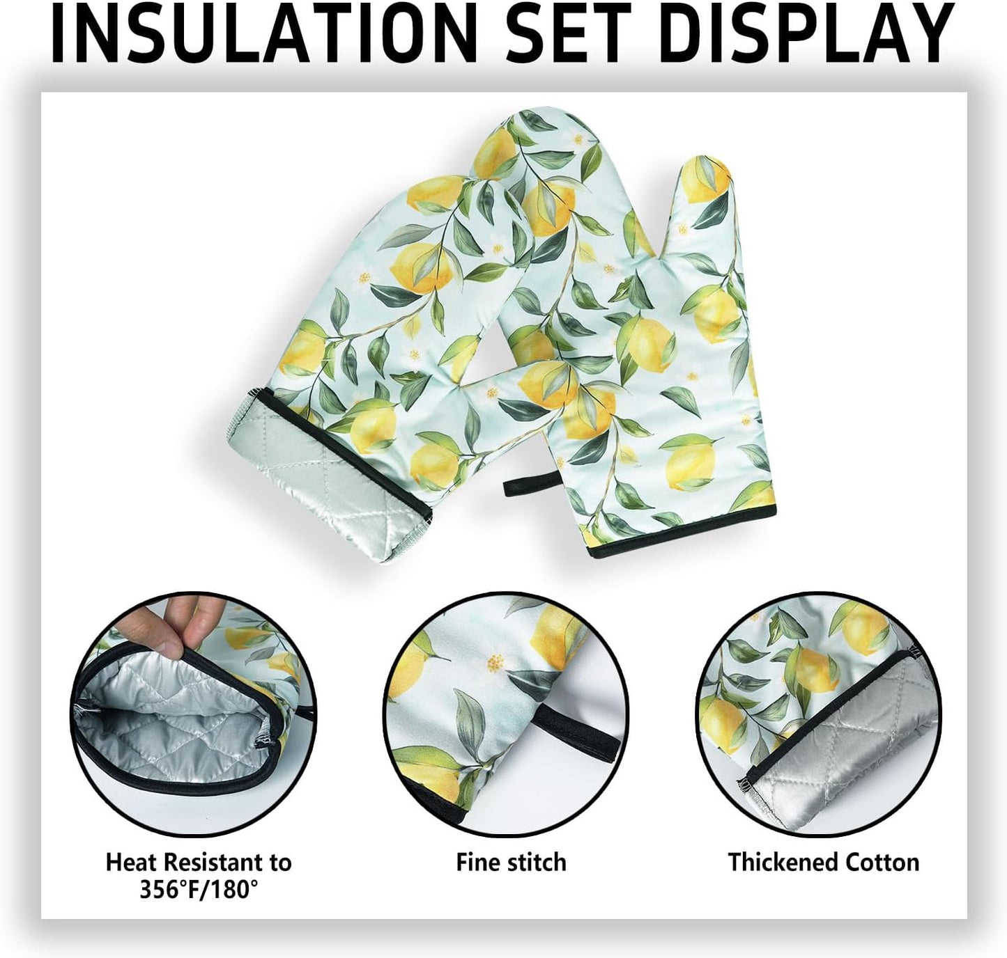 Oven Mitts and Pot Holders Sets of 2 Lemon Heat Resistant Oven Mitts and Hot Pads for Kitchen Soft Cooking Oven Gloves and Grill Baking BBQ Essentials and Accessories